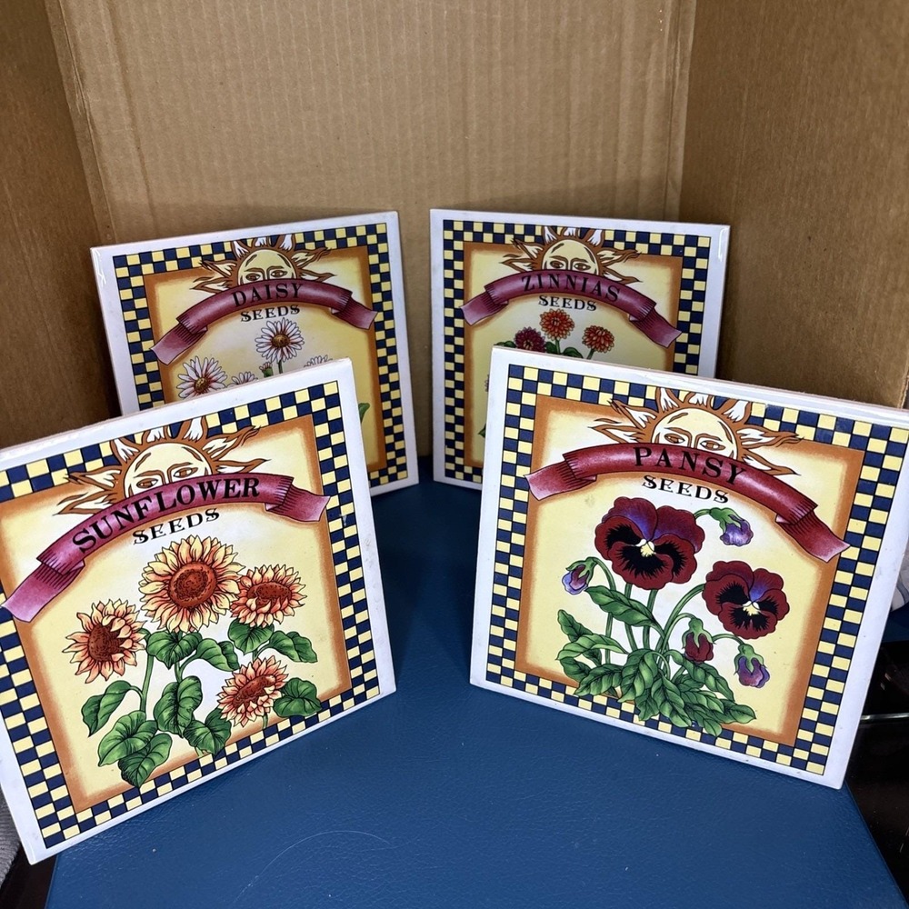 Set Of 4 Flower Tiles, Possibly Barbara Mock